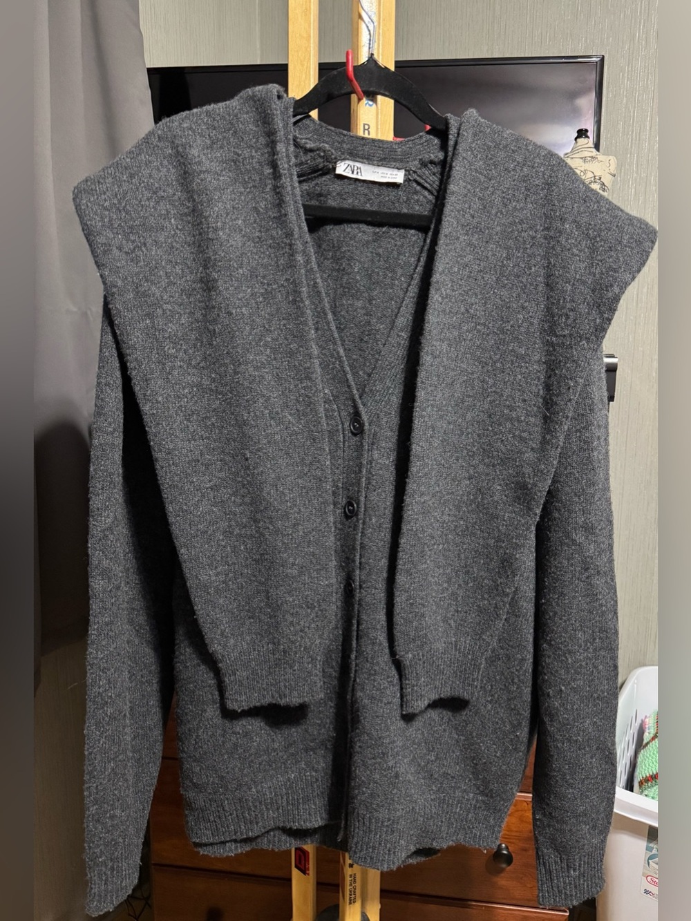 ZARA 100% Wool Charcoal Grey Layered Scarf Cardigan Sweater Medium